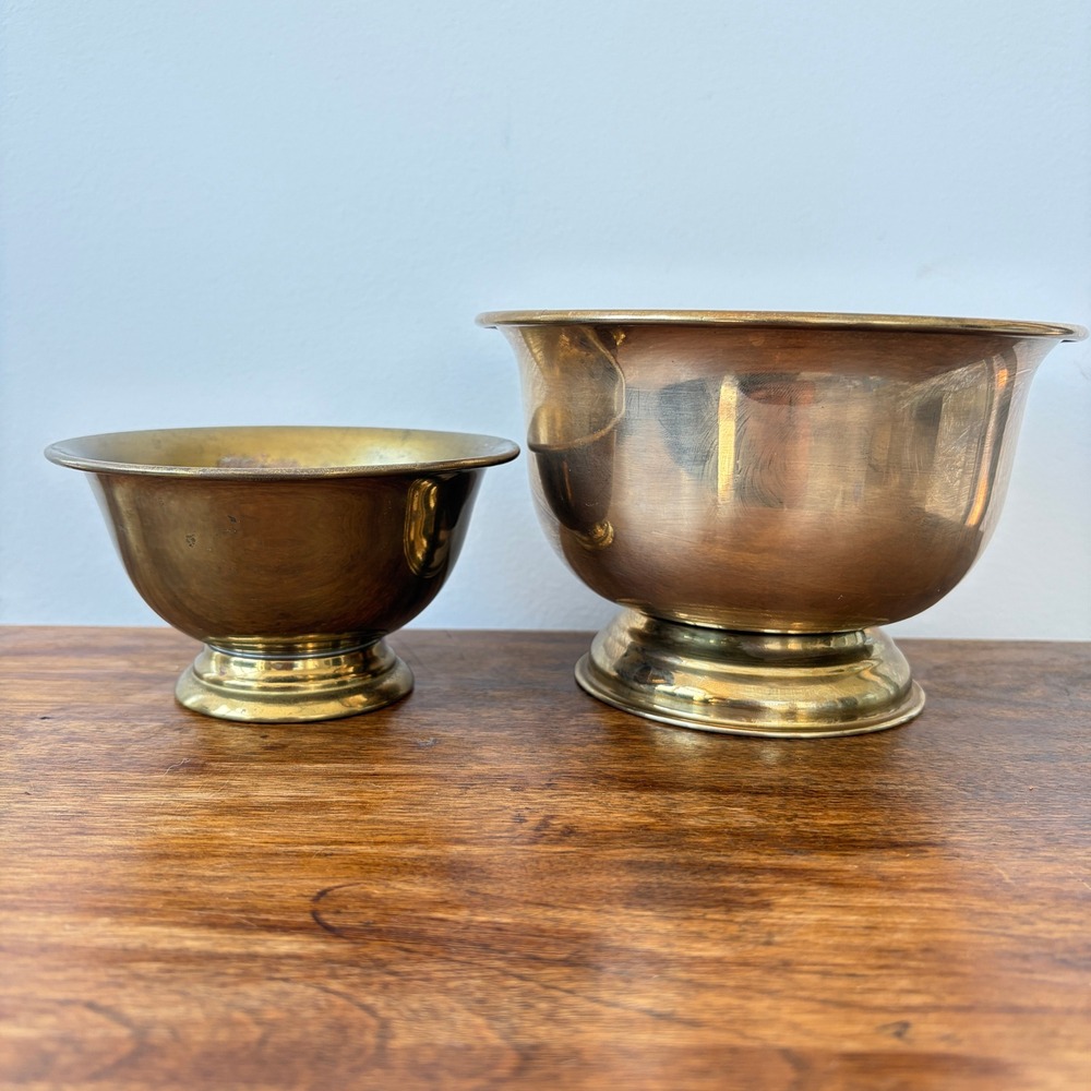 Vintage Brass Pedestal Bowls Set of 2 Footed Decorative Gold Dishes Patina